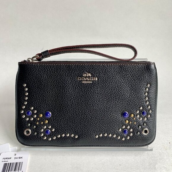 Coach Large Wristlet Black Pebble Leather Boarder Studded Embellishment F59069 - Picture 1 of 10